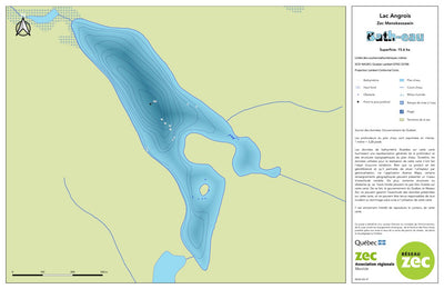 Zecs Québec Carte bathymétrique du lac Angrois de la zec Menokeosawin (2023) digital map