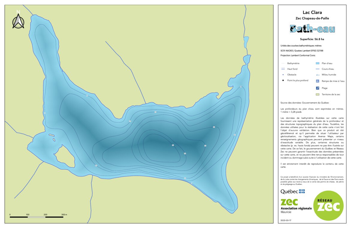 Carte bathymétrique du lac Clara de la zec ChapeaudePaille (2023) Map