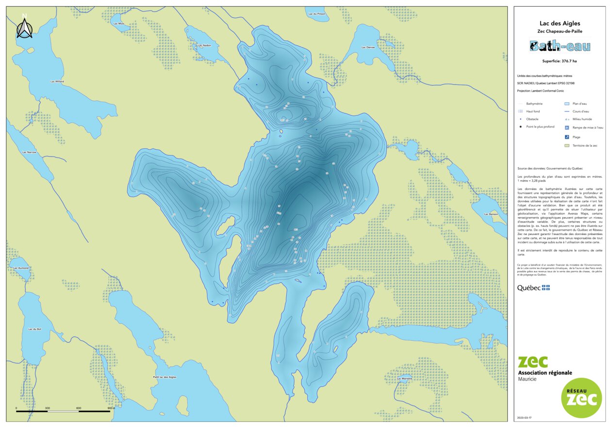 Carte bathymétrique du lac des Aigles de la zec ChapeaudePaille (2023