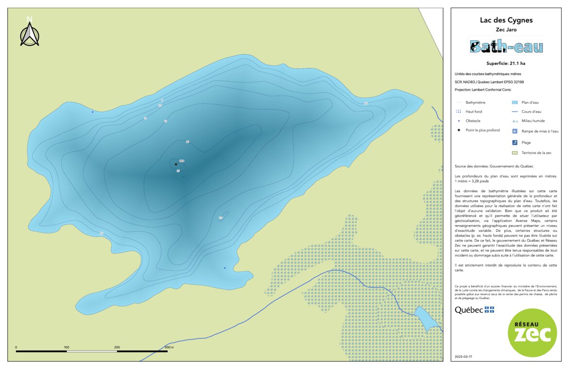 Carte bathymétrique du lac des Cygnes de la zec Jaro (2023) Map by Zecs Quebec Avenza Maps