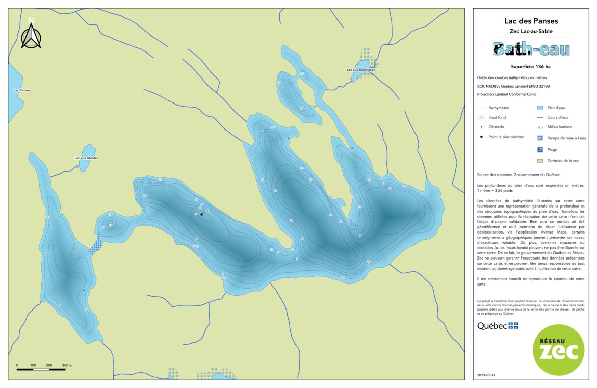 Carte bathymétrique du lac des Panses de la zec Lac-au-Sable (2023) Map ...