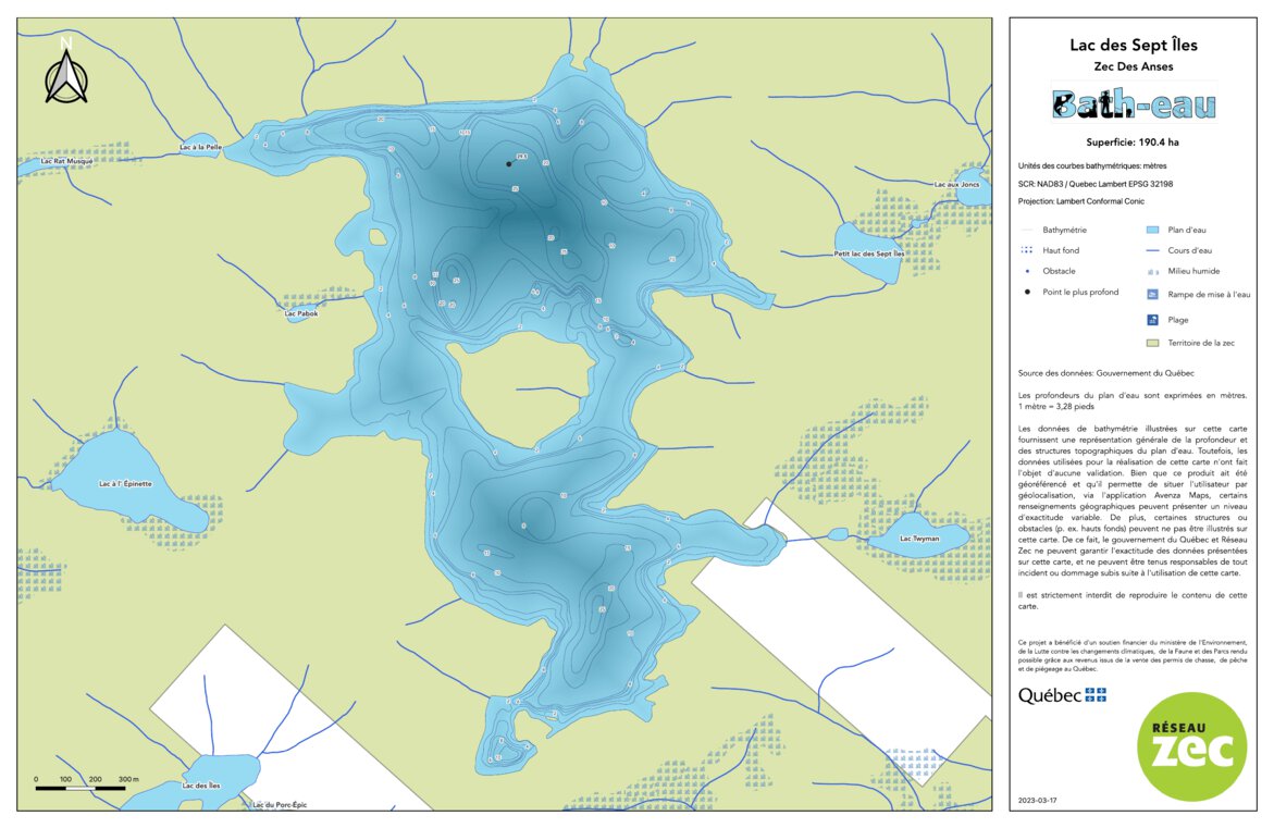 Carte bathymétrique du lac des Sept Îles de la zec des Anses (2023) Map