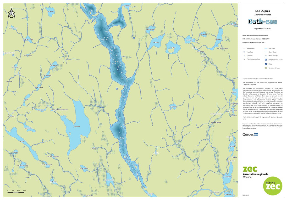 Carte bathymétrique du lac Dupuis de la zec Gros-Brochet (2023) Map by ...