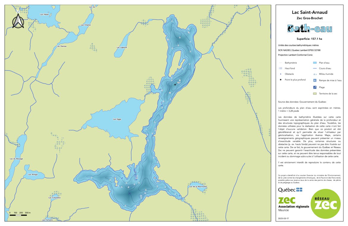 Carte bathymétrique du lac Saint-Arnaud de la zec Gros-Brochet (2023 ...