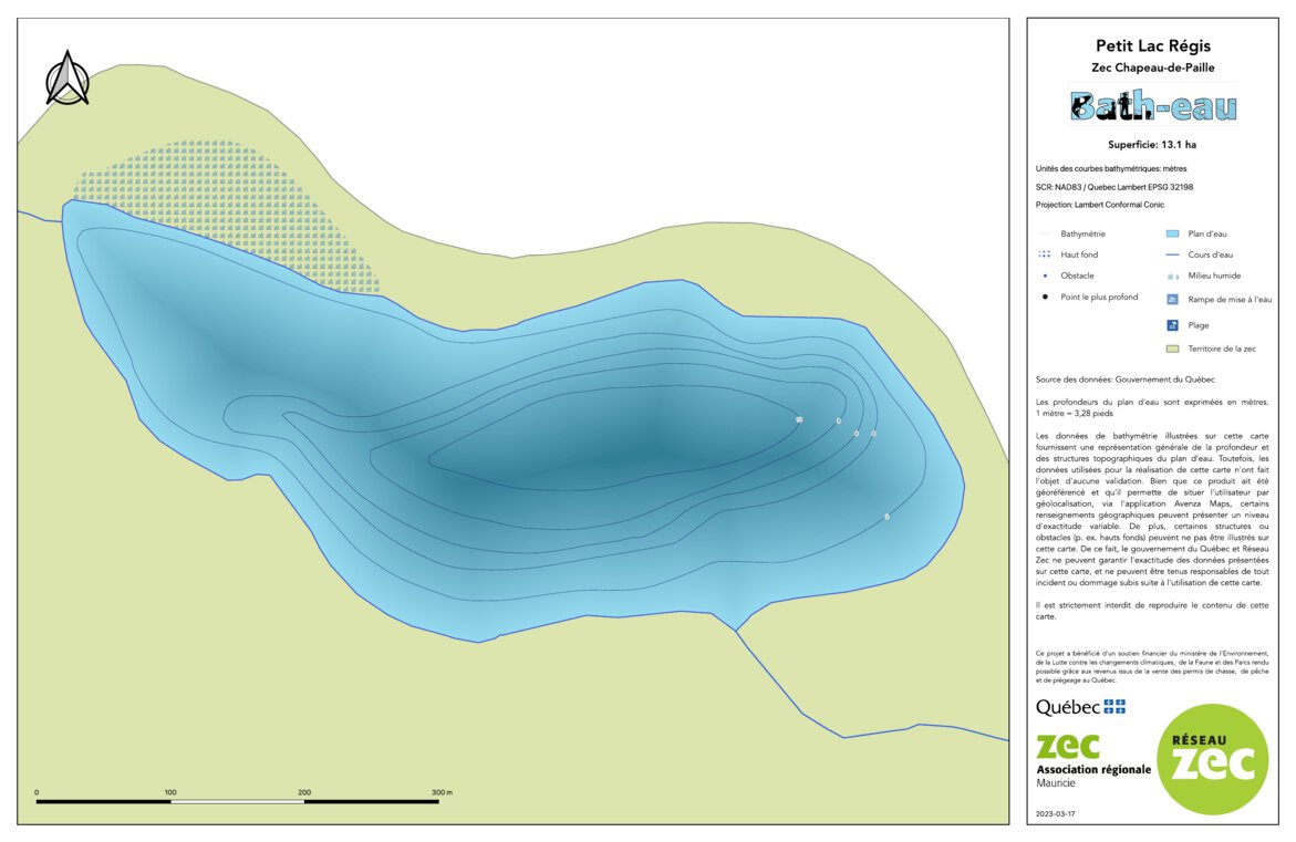 Carte bathymétrique du petit lac Régis de la zec ChapeaudePaille